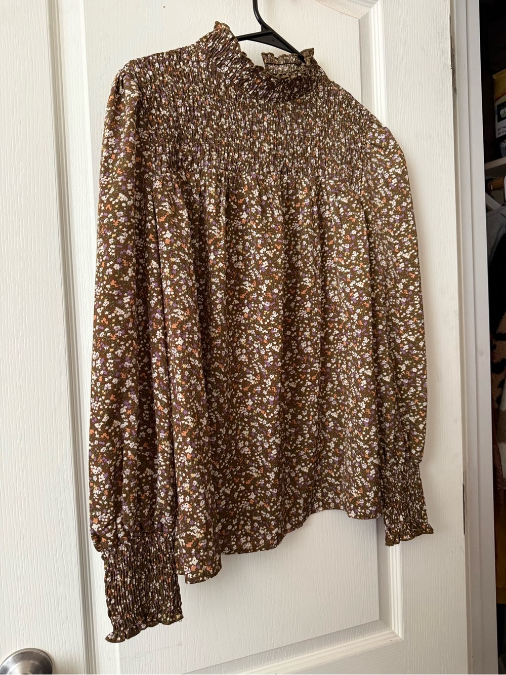 Brown Floral Smocked Mock Neck Blouse | Long Sleeve